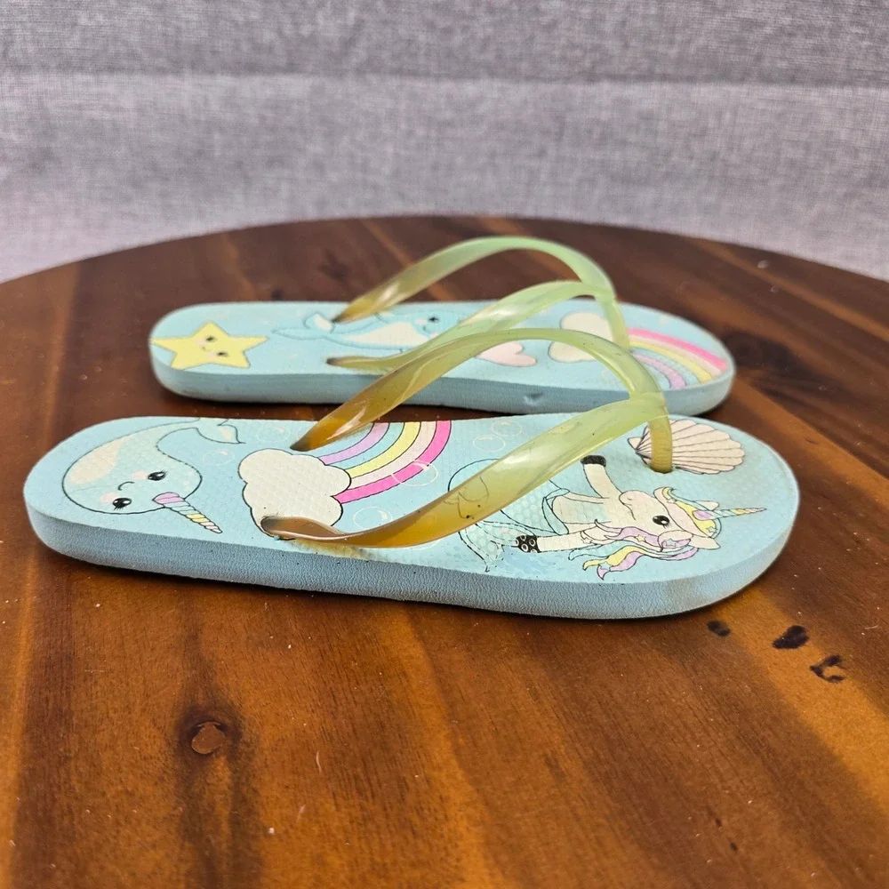 Kids Flip Flops Blue Unicorn Narwhal Rainbow Beach Pool Sandals Shoes Sz 1-2‎